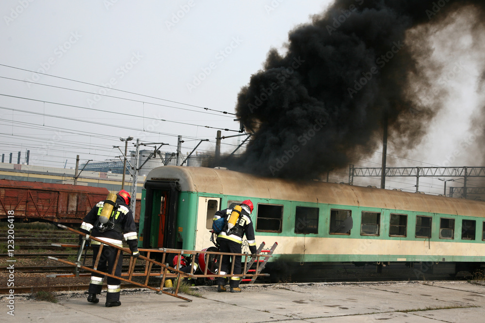 firemen in action, Firefighters exercises train accident, chemical contamination