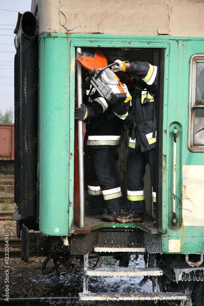 firemen in action, Firefighters exercises train accident, chemical contamination