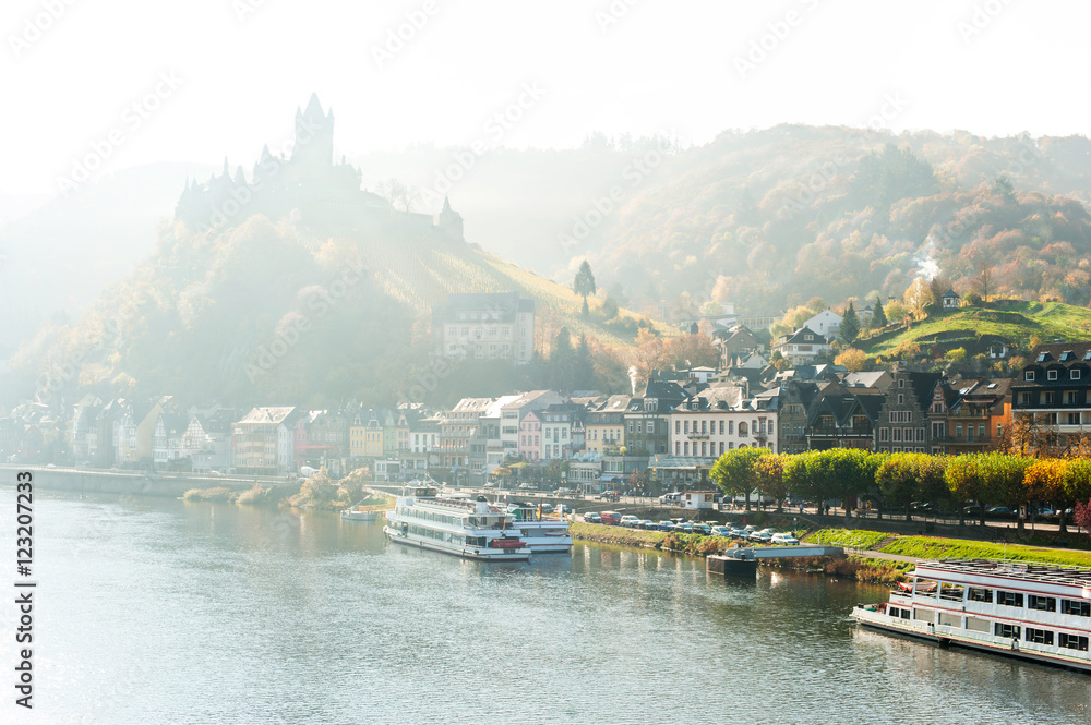 Landscape with town Cochem on river moselle with reichsburg cast