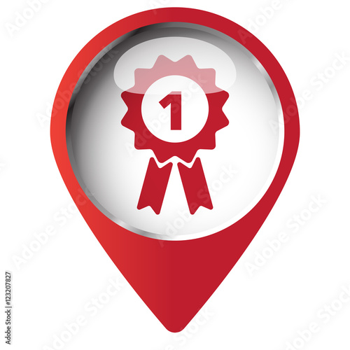 Map pin symbol with Prize Ribbon icon. Red symbol on white backg