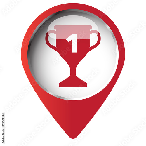 Map pin symbol with Trophy icon. Red symbol on white background.