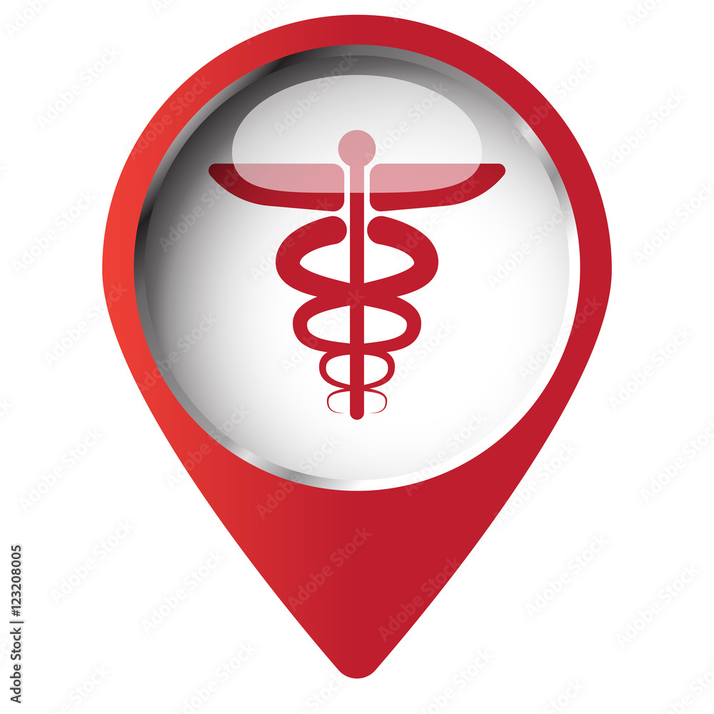 Map pin symbol with Medical Symbol icon. Red symbol on white bac Map pin symbol with Medical Symbol icon. Red symbol on white bac