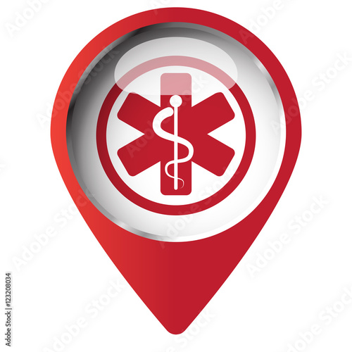 Map pin symbol with Medical  icon. Red symbol on white backgroun