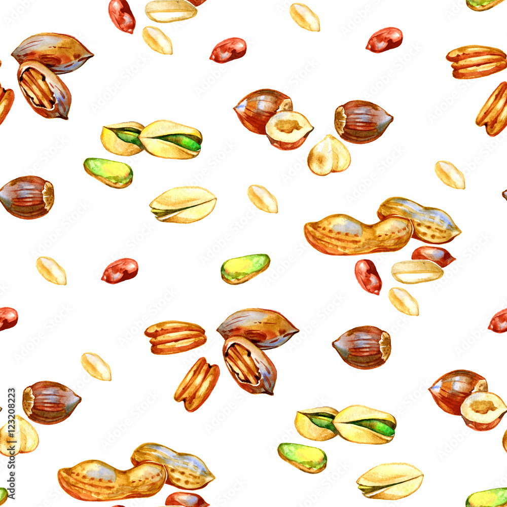 Seamless pattern with different watercolor nuts