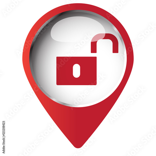 Map pin symbol with Unlock icon. Red symbol on white background.