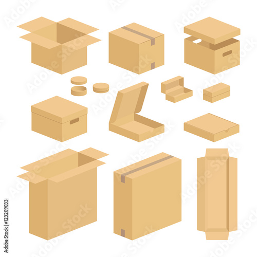 Carton box pack set. Closed and opened brown carton packing boxes vector flat items on white