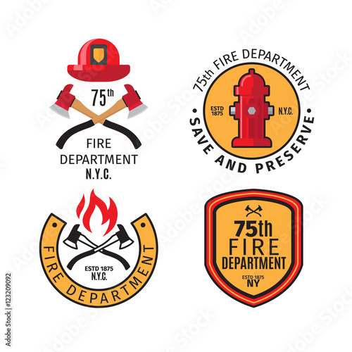 Firefighter emblems and fire department badges with vector cross fire axes and fireman helmet