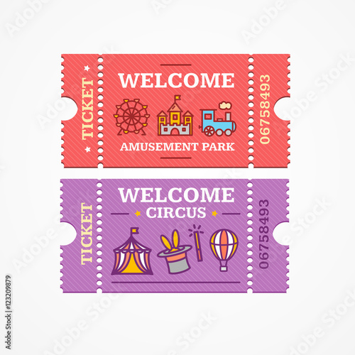 Circus and Amusement Park Tickets Flat Icon Set. Vector