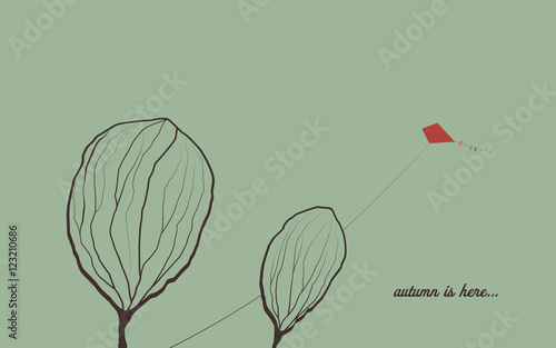 Autumn background with trees in wind. Melancholic emotion symbol vector wallpaper. Kite flying in the sky.