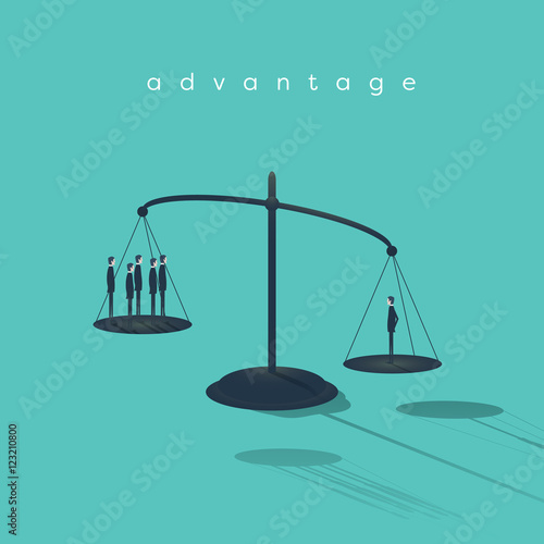 Businessman on scales outweighs other businessmen. Symbol of talent, creativity and individuality.
