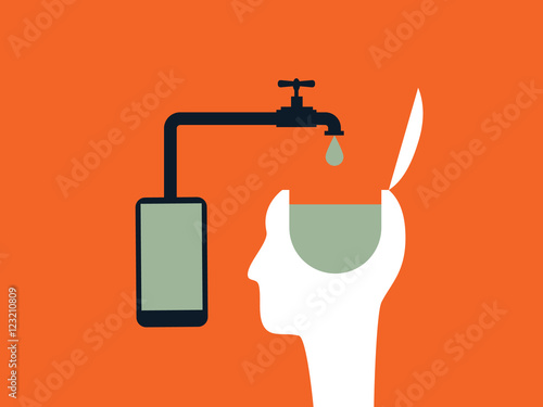 Internet or social networks brainwashing vector concept with smartphone and person head.
