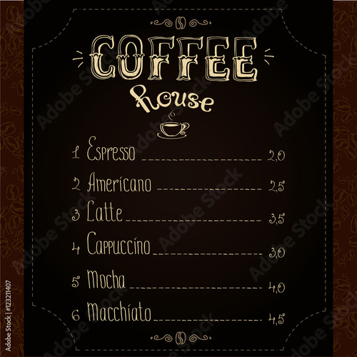 coffee menu on black background.