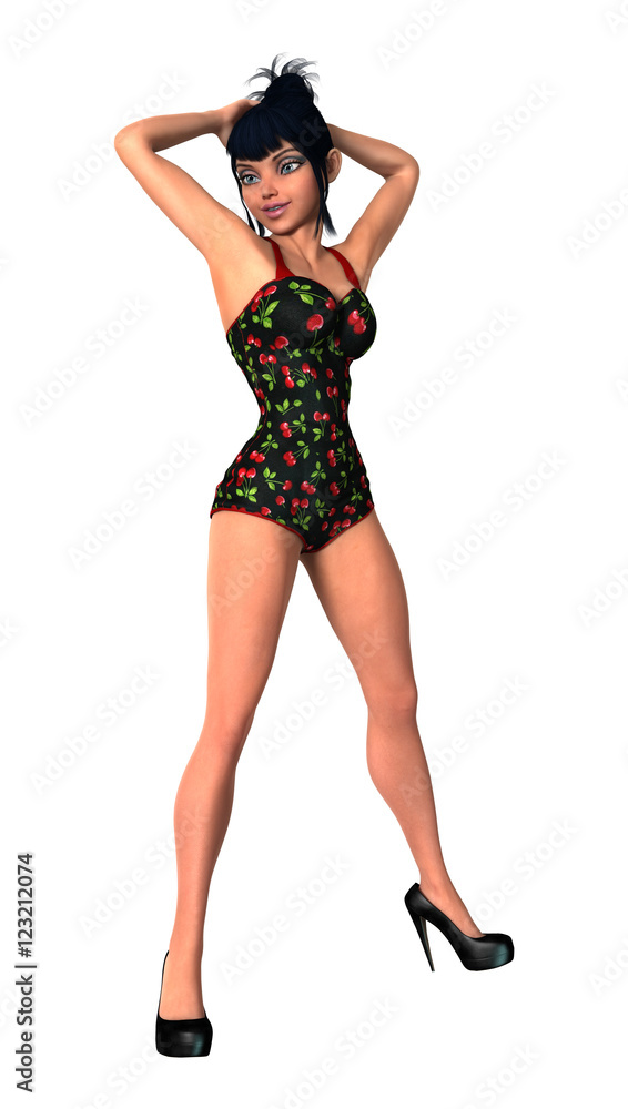 3D Rendering Pinup Girl on White