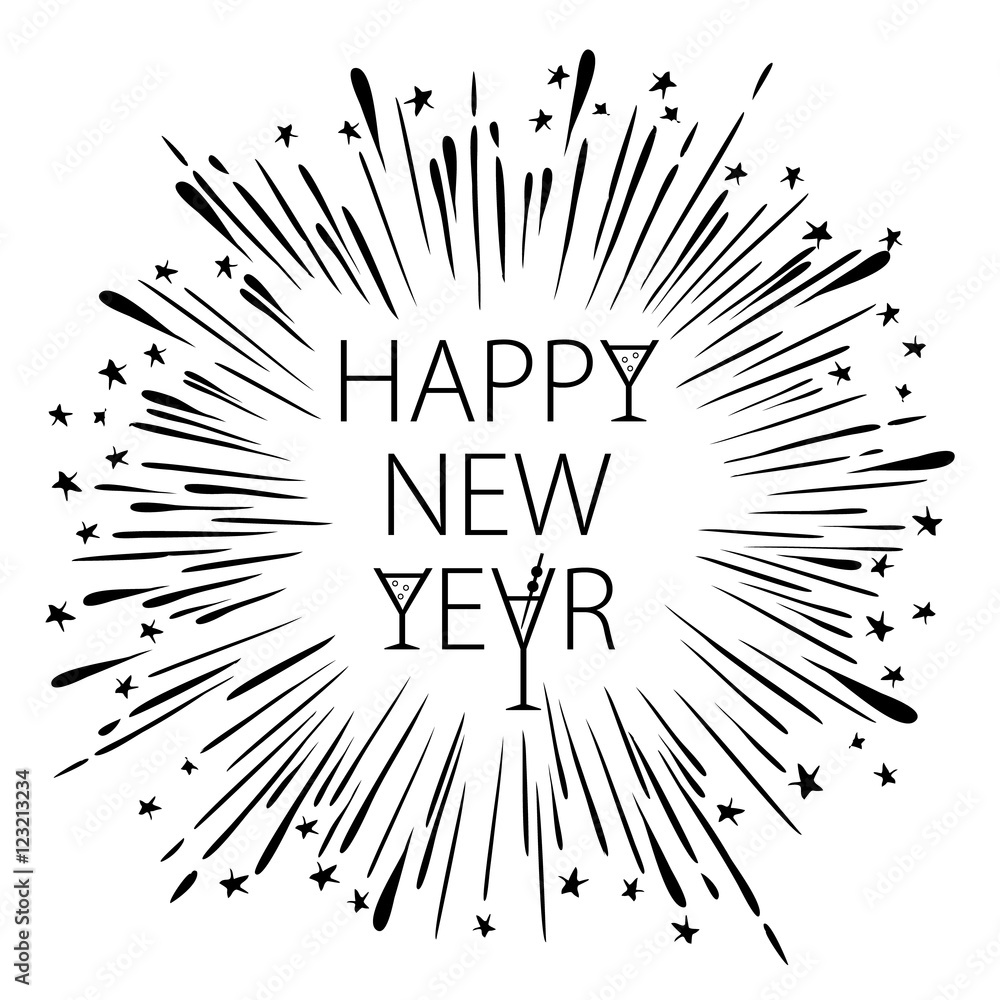 Happy New Year Card with Starburst. snowflake wineglass champagne Vector illustration. Happy New Year Card with Starburst. snowflake wineglass champagne Vector illustration.