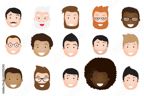 Male avatar icons vector set. People characters in flat style. Design elements isolated on white background. Faces with different styles and nationalities.