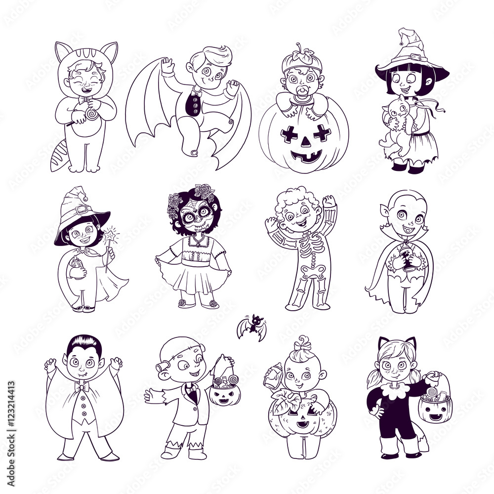 Kids in Halloween Costumes. Halloween Coloring Book. Illustration for children vector cartoon characters isolated on white background.