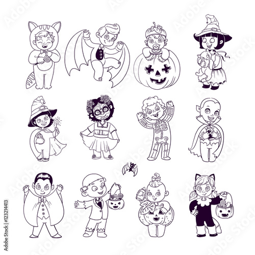 Kids in Halloween Costumes. Halloween Coloring Book. Illustration for children vector cartoon characters isolated on white background.