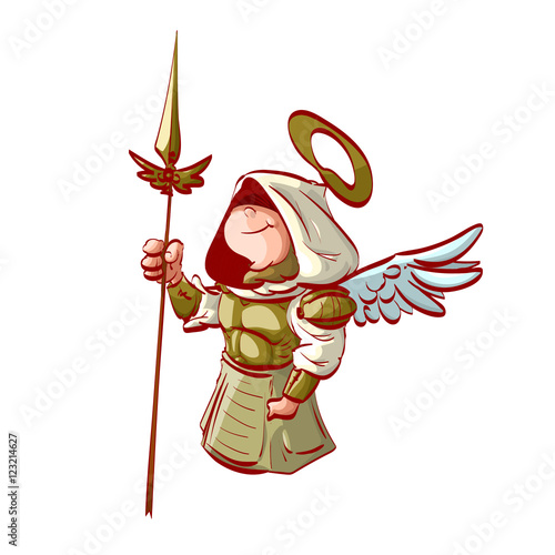 Colorful vector illustration of an archangel with a hood and golden armor and spear.