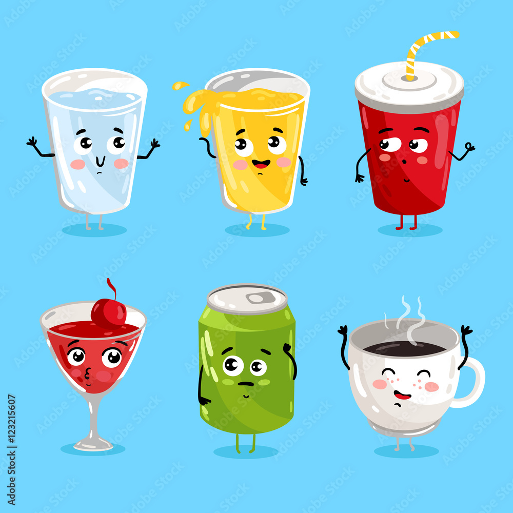 Cartoon funny drink characters isolated vector illustration. Funny