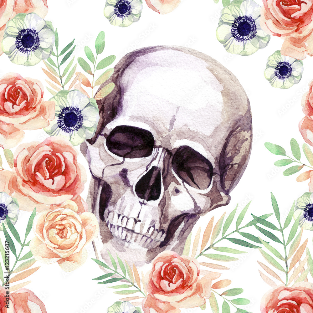 Watercolor human skull among the flowers seamless pattern. Watercolor human skull among the flowers seamless pattern.
