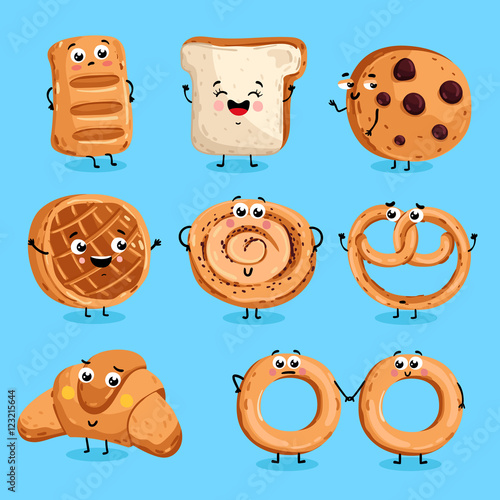 Cartoon funny bakery characters isolated vector illustration. Funny food face icon. Bakery emoji. Funny cookies, laughing bread. Cartoon emoticon face of food. Gloomy croissant, pretzel shy.