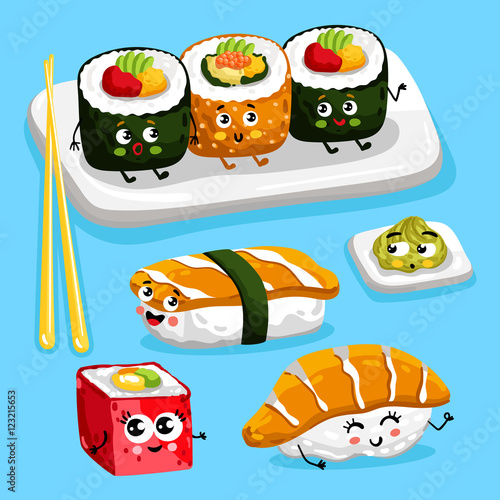 Cartoon funny sushi foods characters isolated vector illustration. Funny food face icon. Sushi emoji. Funny roll, laughing sushi. Cartoon emoticon face of Japaneese food.