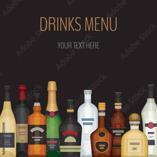 Card with different alcohol bottle. Alcohol drinks and beverages
