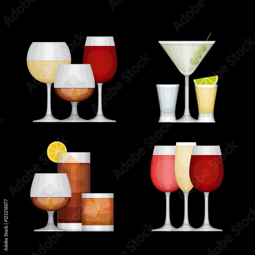 Set of different alcohol drinks by glasses on black background.