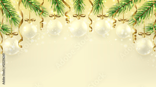 Christmas banner with serpentine and glass balls. Beautiful vector illustration with fir branches and shining light. Elegant background for xmas design. Happy New Year backdrop.