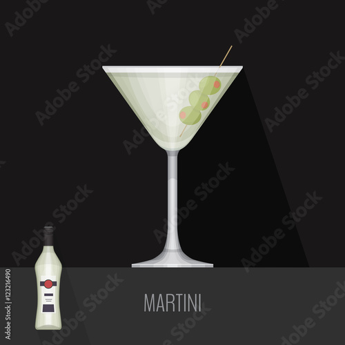 Glass of dry martini with olives on black background. Flat desig