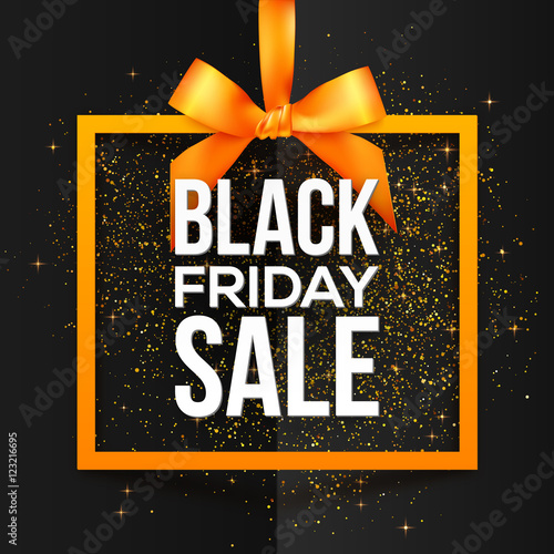 Black Friday Sale white vector sign in orange frame hanging on silky ribbon with bow and golden dust around