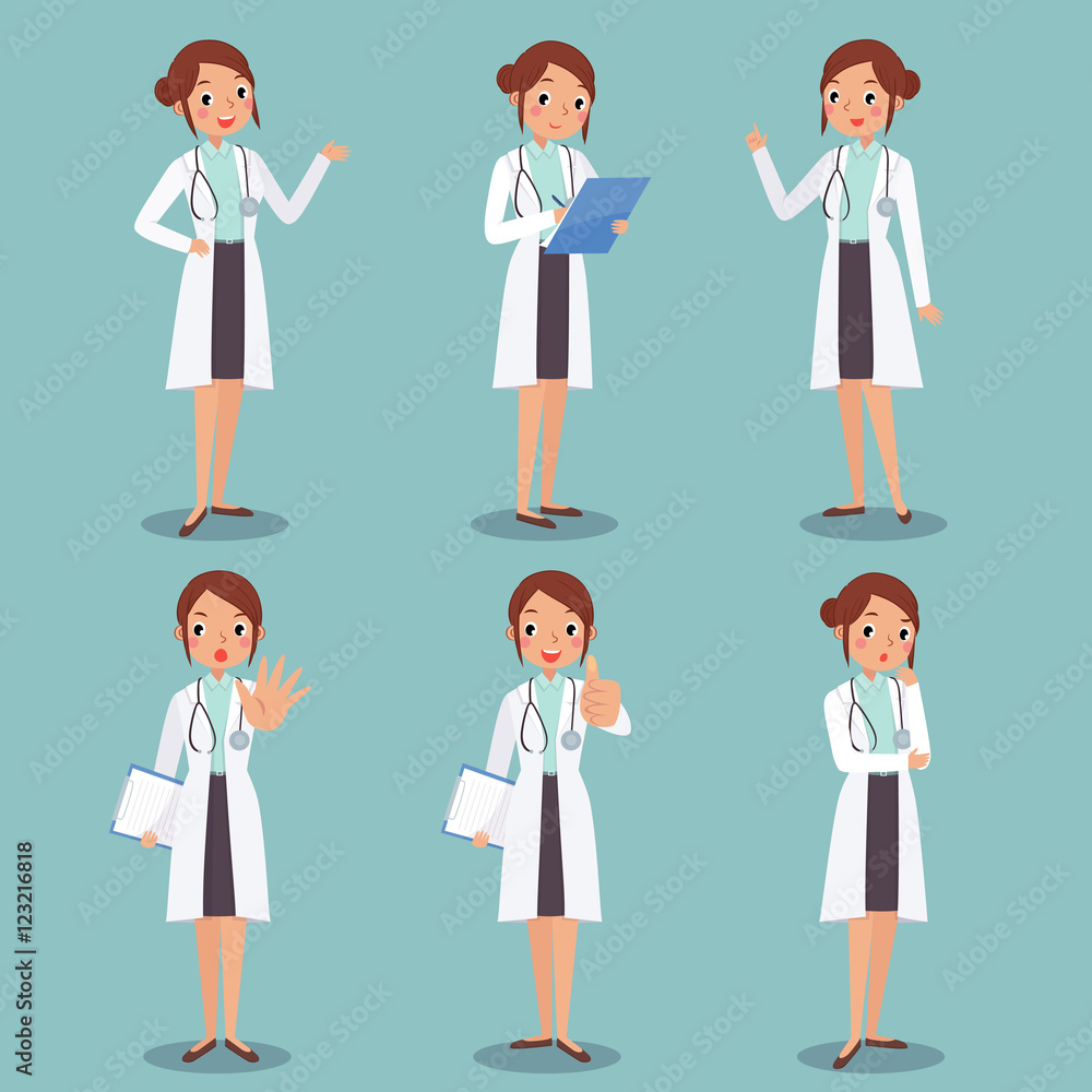set of cute female doctor character design in various expression, presenting, cheerful pointing, thinking, showing stop hand, thump up, curious set of cute female doctor character design in various expression, presenting, cheerful pointing, thinking, showing stop hand, thump up, curious
