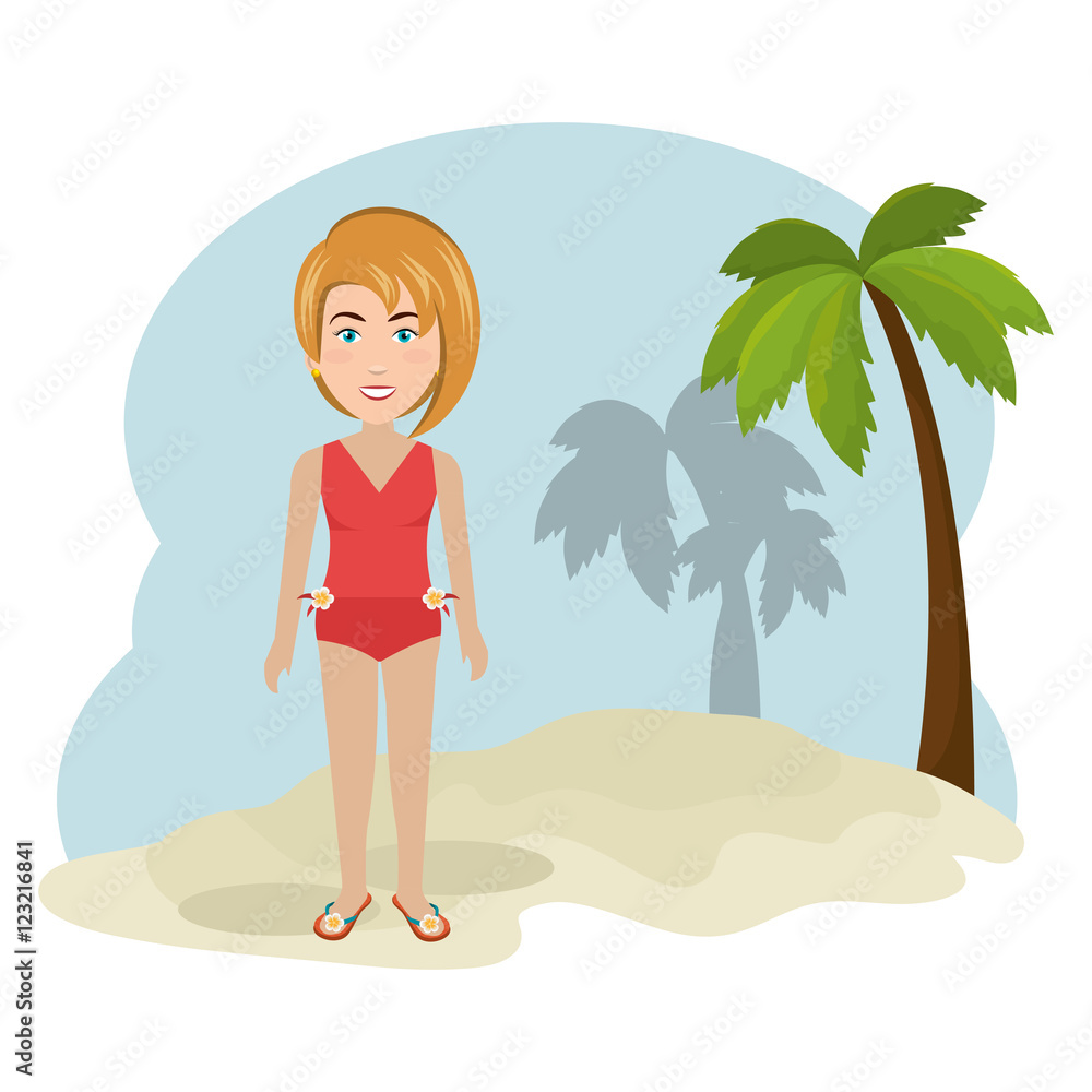 avatar woman smiling wearing red swimsuit over beach background. vector illustration
