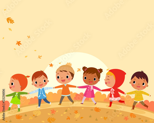 children bunch walking, holding hands on a beautiful autumn day