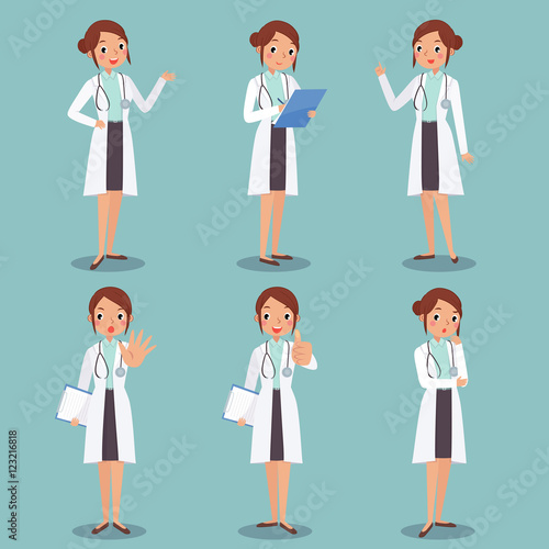 set of cute female doctor character design in various expression, presenting, cheerful pointing, thinking, showing stop hand, thump up, curious