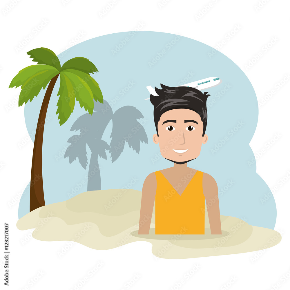 avatar man smiling over beach and airplane background. vector illustration