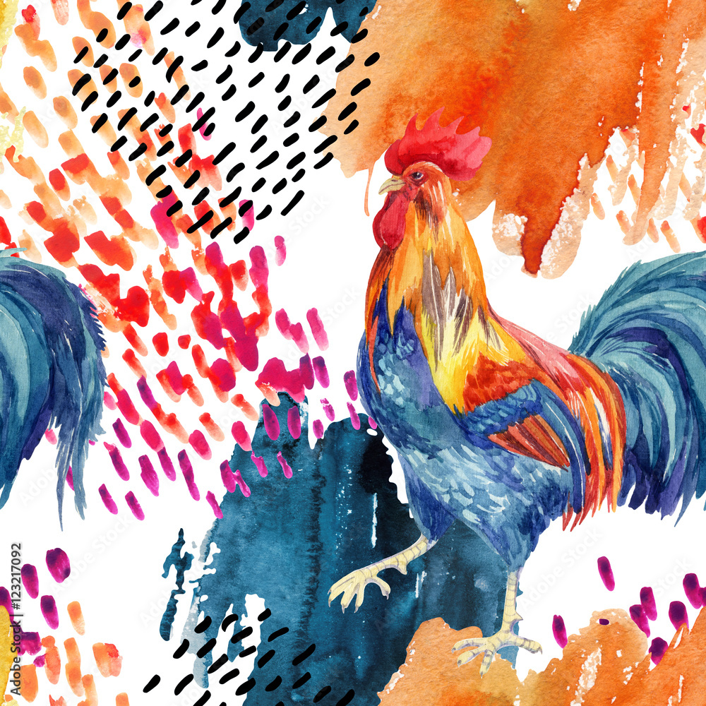 Fototapeta premium abstract watercolor rooster seamless pattern