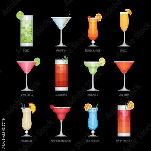 Flat icons set of popular alcohol cocktail on black background.