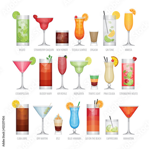 Flat icons set of popular alcohol cocktail. Flat design style, v
