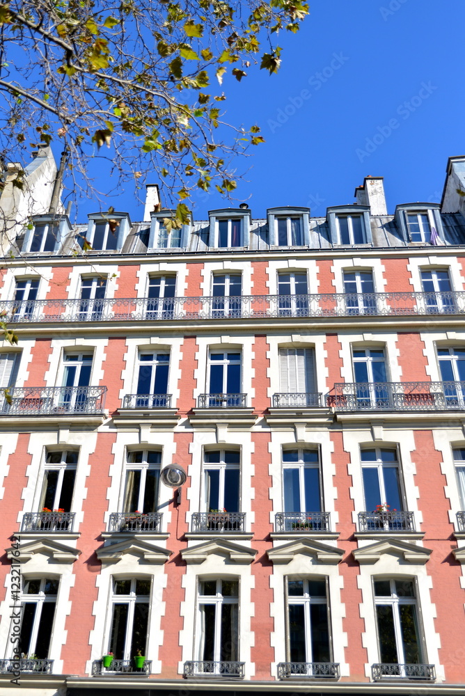 Obraz premium Pink facade, Paris, typical building