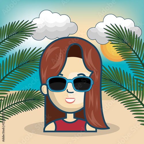 avatar woman wearing sunglasses over beach background. summer vacations design. vector illustration © Gstudio