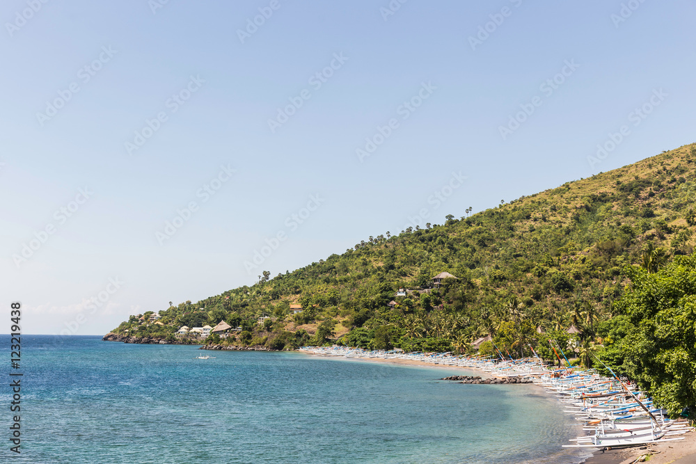 Rows of boats on beach, Amed, Bali, Indonesia