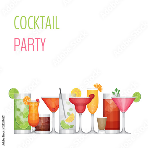 Cocktail party card. Cocktail bar flyer. Flat design style, vect