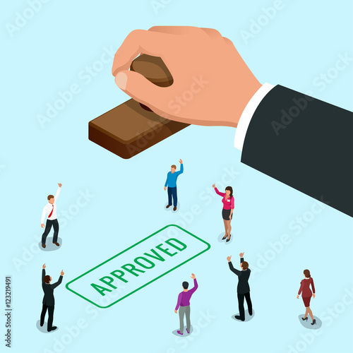 Isometirc concept Hand of business man stamping approved word on a paper. Approved stamp flat vector isometric illustration