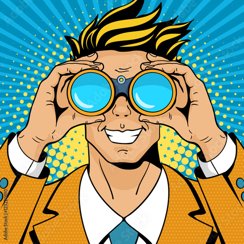 Wow pop art face. Young surprised man in suit with wide smile holding binoculars in his hands. Vector illustration in retro comic style. Colorful pop art background.