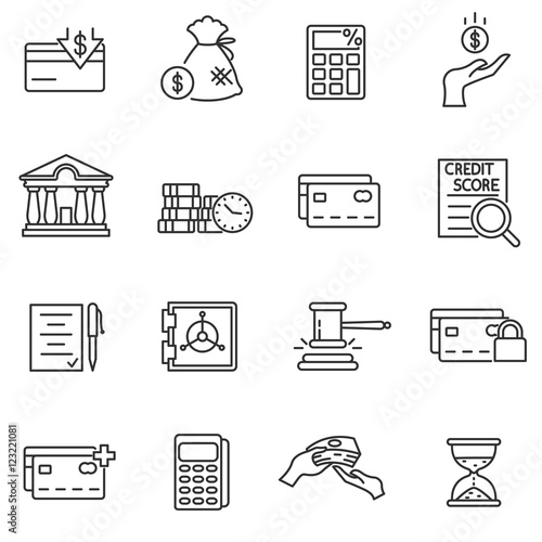 Credit, icons set. Loan processing collection. Issuance of credit. Use credit card. Thin line design. Vector linear illustration.