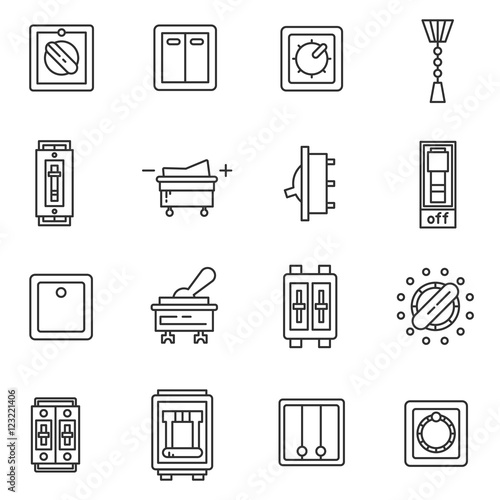 Electric switches icons set. Power switch collection. Thin line design