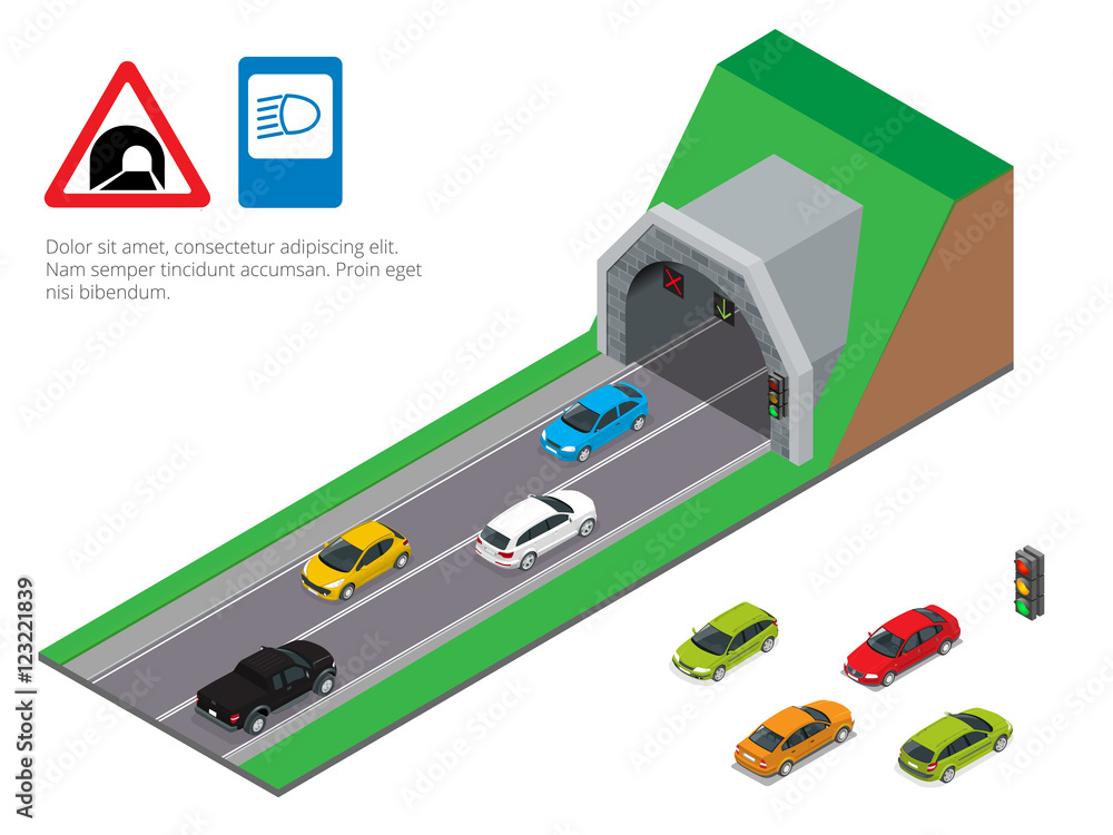 Interior of an urban walkway tunnel road. Tunnel car driving. Isometric Tunnel road Stock Vector