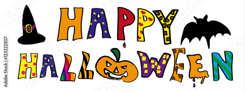 Happy Halloween Kinderzeichnung mit Kürbis, Hexenhut und Fledermaus Vektor