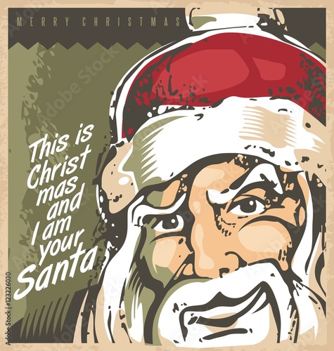 Christmas card template with Santa Claus. Retro hipster vector poster design concept for Christmas and New Year holidays.